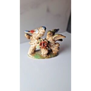 VINTAGE ART POTTERY CERAMIC SONG LOVE BIRDS ON A TREE BRANCH ROSE FLOWER 4.5"